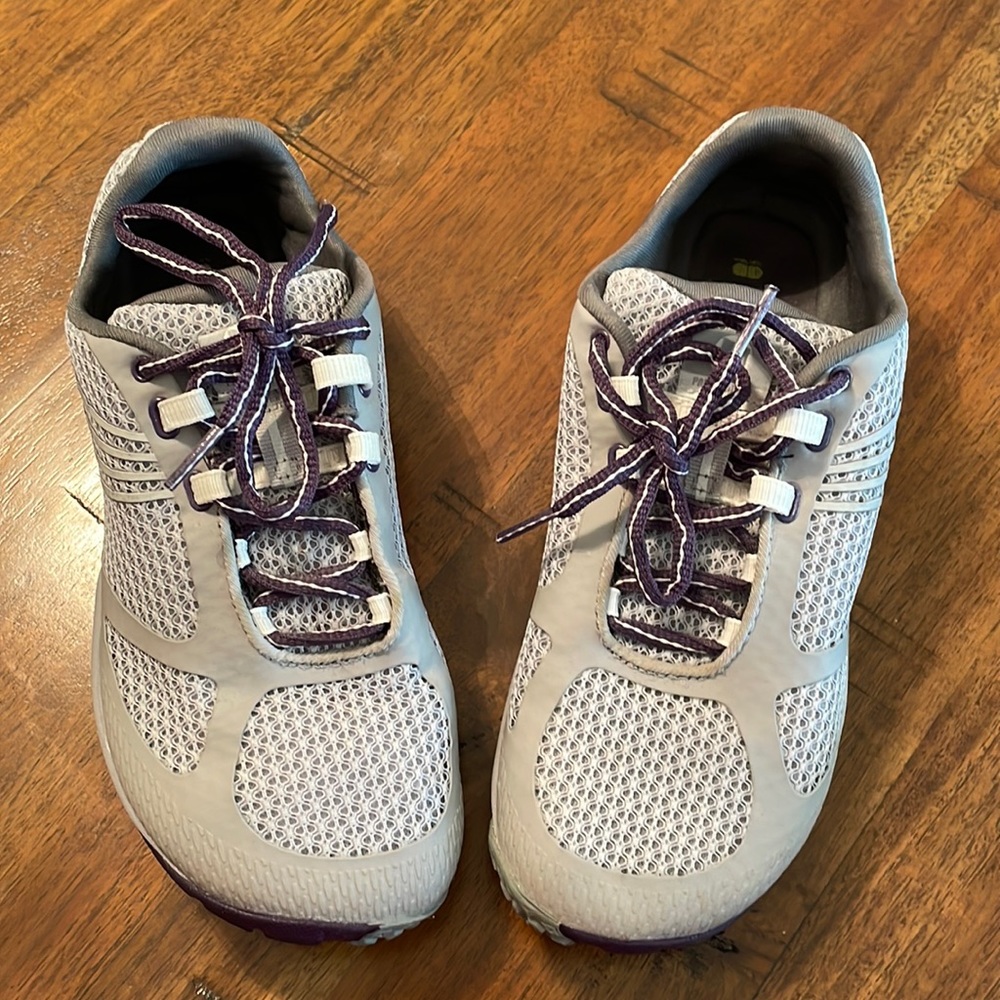 Merrell sneakers. Womens 7.5. Grey with purple laces.
